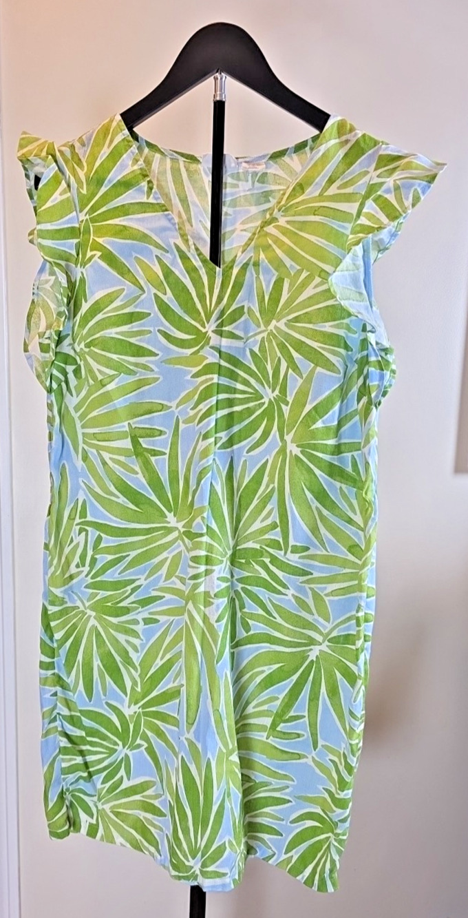 Sigrid Olsen Linen Shift Dress M Green Blue Palm Leaves Coastal Vacation Beac